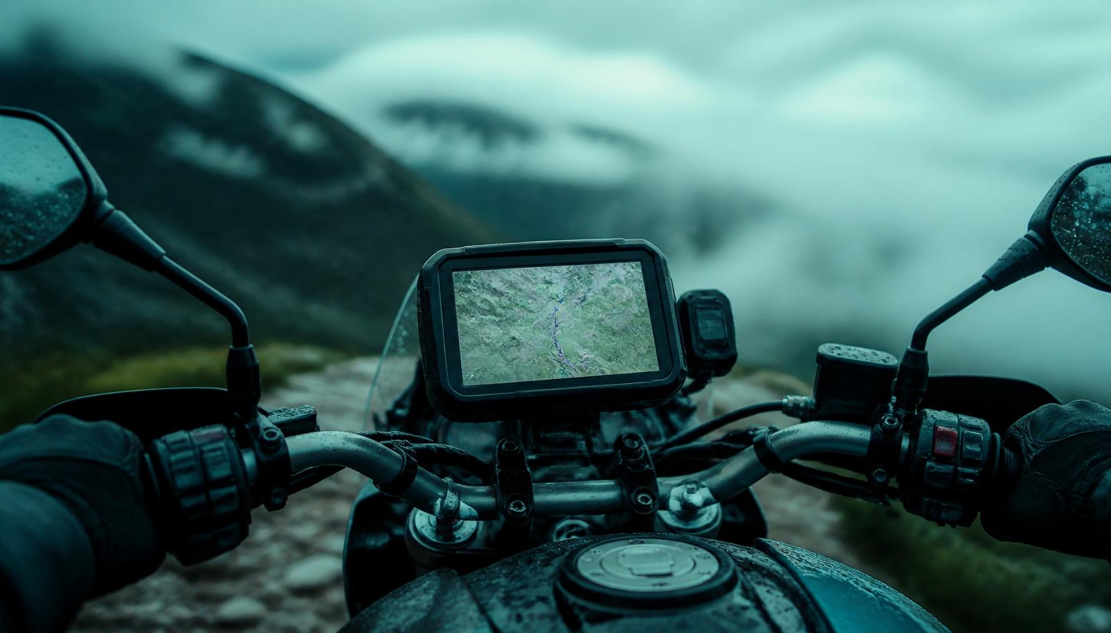 Motorcyclist on a mountain trail at dusk