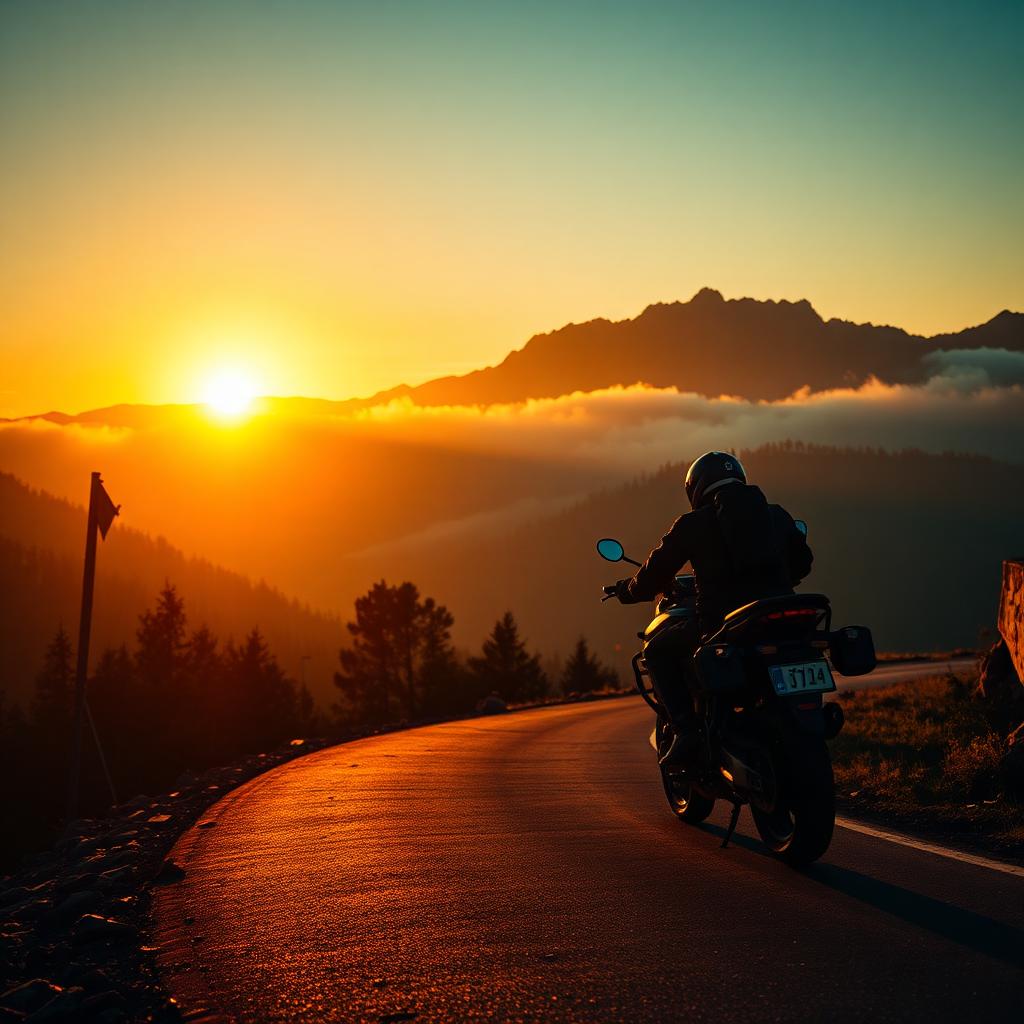 Motorcyclist on a mountain trail at golden hour